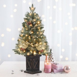 3-4.5ft Christmas Tree, Mini Potted Snow Flocked Tree, Tabletop Artificial Xmas Tree with Light Box, Warm White LED Lights, for Home Party Decor - 1 of 4