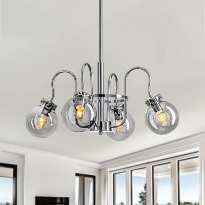 Ludomide 4-Light Chandelier for Dining Room, Silver Modern Pendant with Smoke Grey Glass Lampshade, Sputnik Industrial Hanging Light for Living Room
