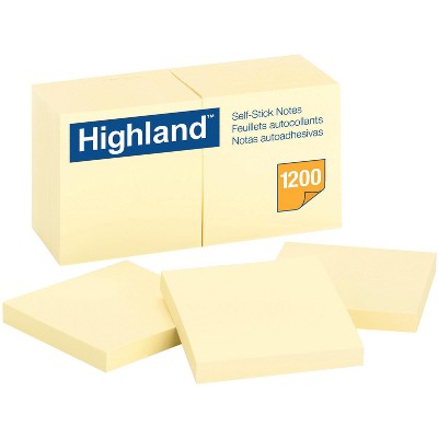 Highland Self-Stick Notes, 3 x 3 Inches, Yellow, Pad of 100 Sheets, pk of 12