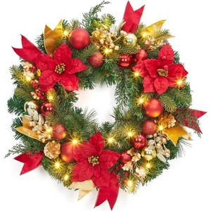 24 In Christmas Wreath for Front Door, Pre-Lit Christmas Wreath with Faux Flower for Door Fireplace Wall Window, Indoor Outdoor Xmas Decor - 1 of 4