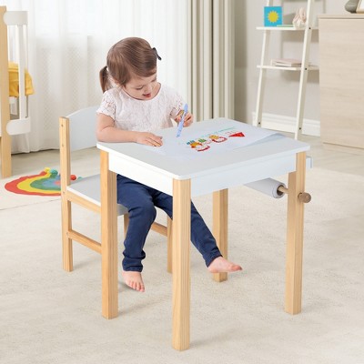 White and Natural Wooden Kids Art Table and Chair Set with Paper Roll