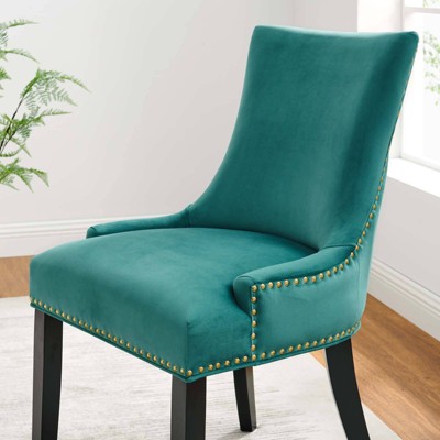 Regal Teal Velvet Upholstered Hourglass Side Chair with Wood Legs