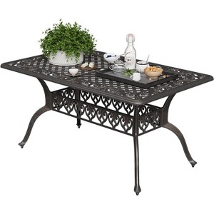 59'' Cast Aluminum Outdoor Dining Table – Weather-Resistant, 6-8 Seat Patio Table w/Umbrella Hole & Adj. Feet for Backyard, Deck, Garden, Bronze - 1 of 4