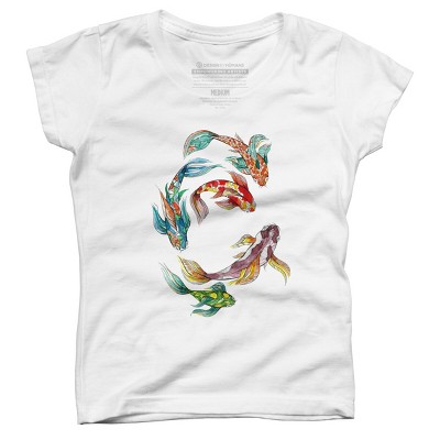 Girl's Design by Humans Watercolor and Ink Abstract Koi Fish by Owlsome T-Shirt - White - x Large