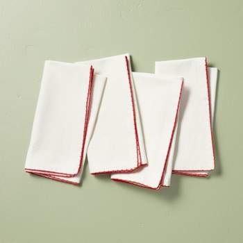 4pk Embroidered Trim Cloth Napkins Cream/Red - Hearth & Hand™ with Magnolia