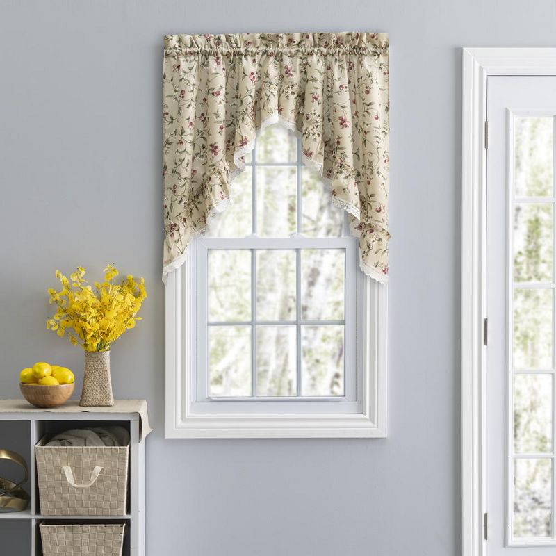 Ellis Curtain Cherries Ruffled 1.5" Rod Pocket Swag for Windows Lace Edge 58" x 36" Natural, 2 of 5