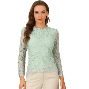 Allegra K Women's Lace Long Sleeve Keyhole Back Ruffle Neck Floral Blouse - 1 of 4