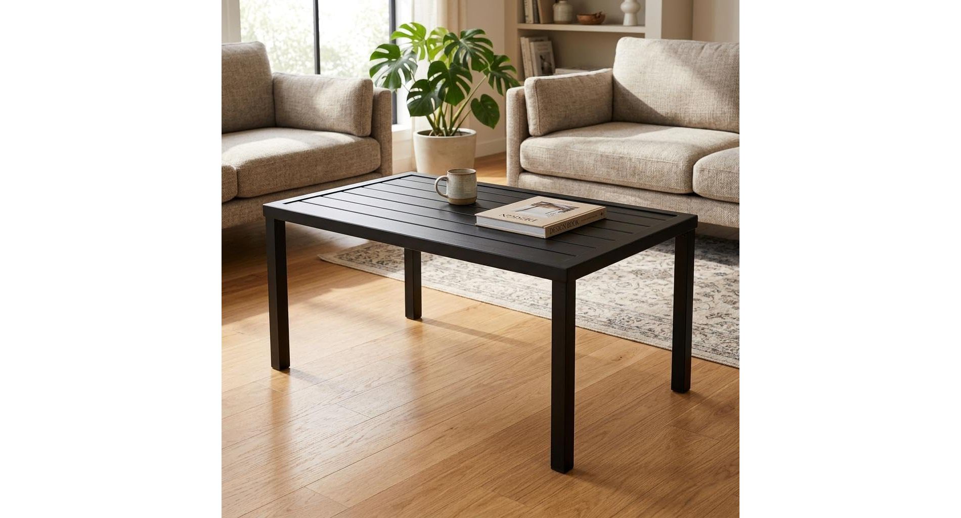 Patio Coffee Table Rectangle Outdoor Side Table Steel Frame Black | Slat Tabletop, for Garden, Balcony, Backyard, Porch