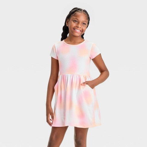 Girls Short Sleeve Tie Dye Dress Cat Jack Cream white Xs Target