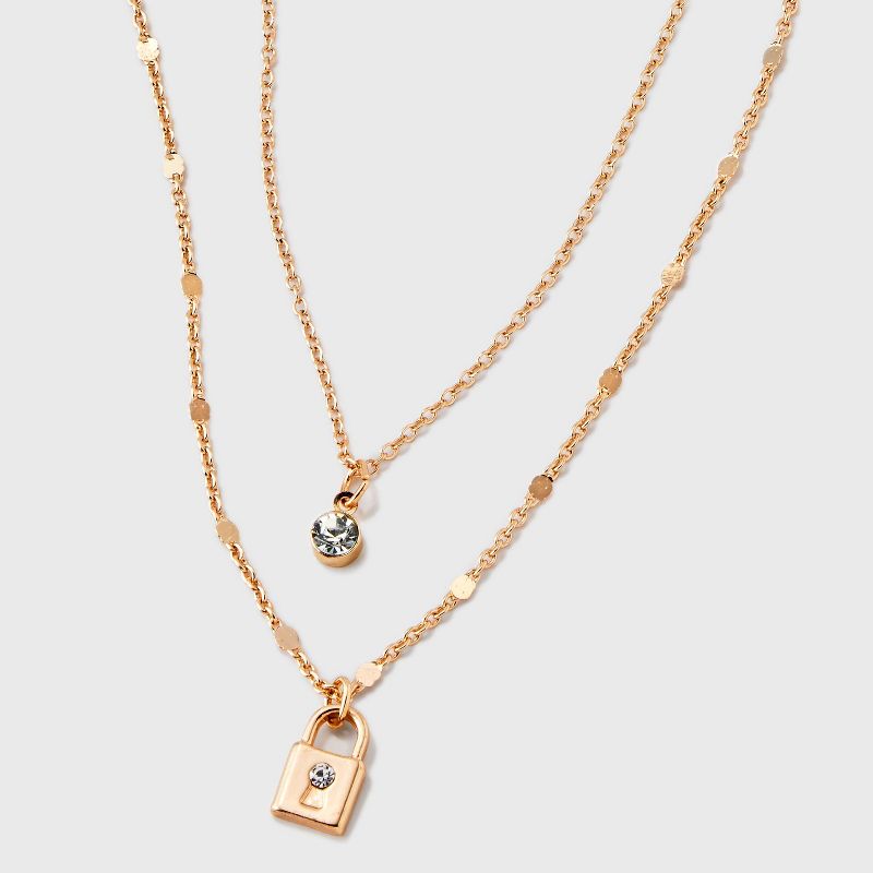 Gold Clear Stone Lock 2 Row Necklace - A New Day&#8482; Gold, 1 of 5