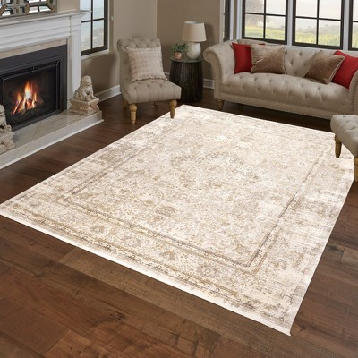 Gertmenian Florance Novara Distressed Traditional Gold Ivory Indoor Viscose Acrylic Area Rug with Fringe