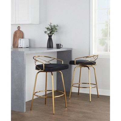 Charlotte 26" Black Velvet and Gold Metal Swivel Counter Stool Set