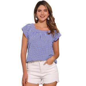 INSPIRE CHIC Women's Summer Square Neck Gingham Cap Sleeve Blouses - 1 of 4