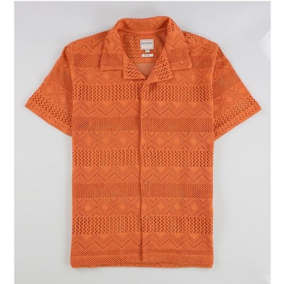 GUESS Mens Crochet Knit Button Up Shirt, Orange, X-Large