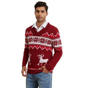 Ugly Christmas Sweater Men Fuuny Reindeer Snowflake Print Pullover Tops Long Sleeve v Neck Soft Knitted Sweaters - 1 of 4