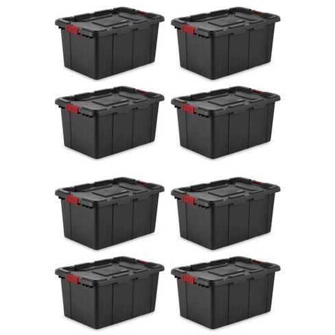 Sterilite 27 Gal Industrial Tote, Stackable Storage Bin With Latching Lid,  Plastic Container With Heavy Duty Latches, Black Base And Lid, 8-pack :  Target