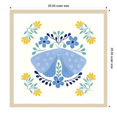 Blue Butterfly and Floral Lithograph in Light Wood Frame