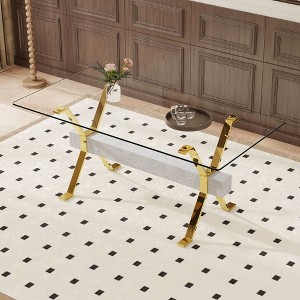 Homy Casa Rectangular Glass Dining Table with Gold Metal Legs and Marble Base - 1 of 4