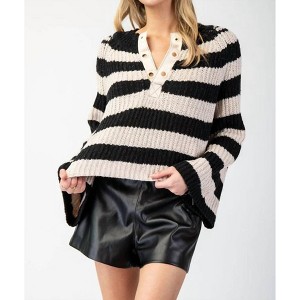 Women's Striped Bell Sleeve Henley Sweater - eesome - 1 of 4