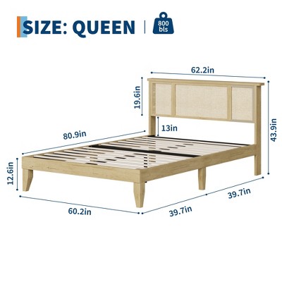 Coucheta Bed Frame with Natural Rattan Headboard, Sturdy Metal Platform & Wooden Slats, Boho Cane Style, No Box Spring Needed, Mattress Foundation