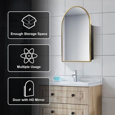 Gold Arched Metal Medicine Cabinet with Shatterproof Mirror
