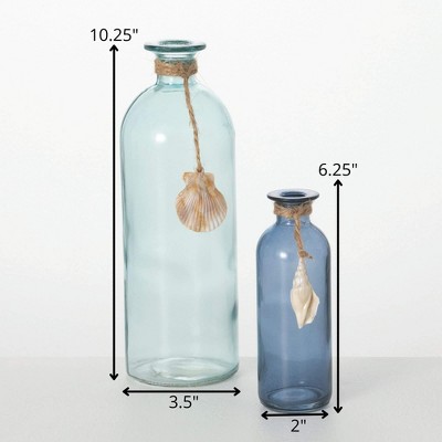 Sea-Blue Glass Bottle Vase Set with Jute and Seashell Accents