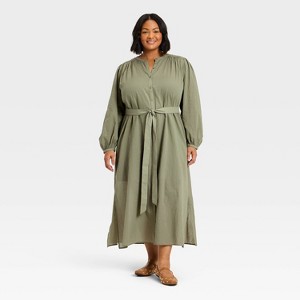 Women's Balloon Long Sleeve Collared Neck Maxi Shirtdress - Universal Thread Olive Green 3X