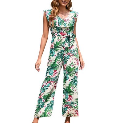 Women's Jumpsuits Ruffle V Neck Sleeveless Boho Floral Belted Bohemian Wide Leg Rompers with Pockets
