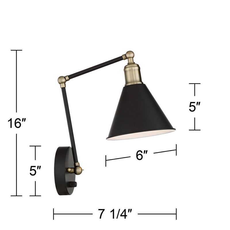 360 Lighting Wray Modern Wall Lamp Set of 2 Black Brass Plug-in 6" Light Fixture Up Down Adjustable Cone Shade for Bedroom Reading Living Room Hallway, 4 of 10