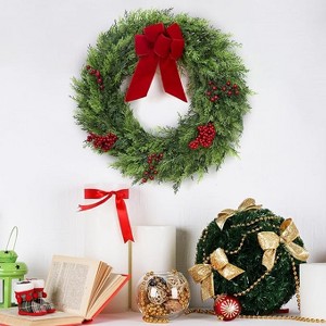 Coucheta 24 Inch Christmas Door Wreath - Large Outdoor Cypress with Berries Velvet Bow, Artificial Winter Xmas Greenery for Front Door - 1 of 4