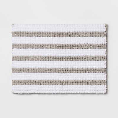 Photo 1 of 17&#34;x24&#34; Chunky Chenille Memory Foam Bath Rug Light Gray Stripe - Room Essentials&#8482;
