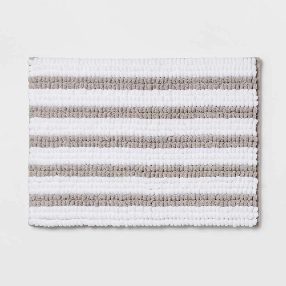 17inx24in Chunky Chenille Memory Foam Bath Rug Light Gray Stripe - Room Essentials™