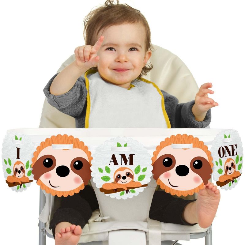 Big Dot of Happiness Let's Hang - Sloth 1st Birthday Highchair Decor - I Am One - First Birthday High Chair Banner, 1 of 5