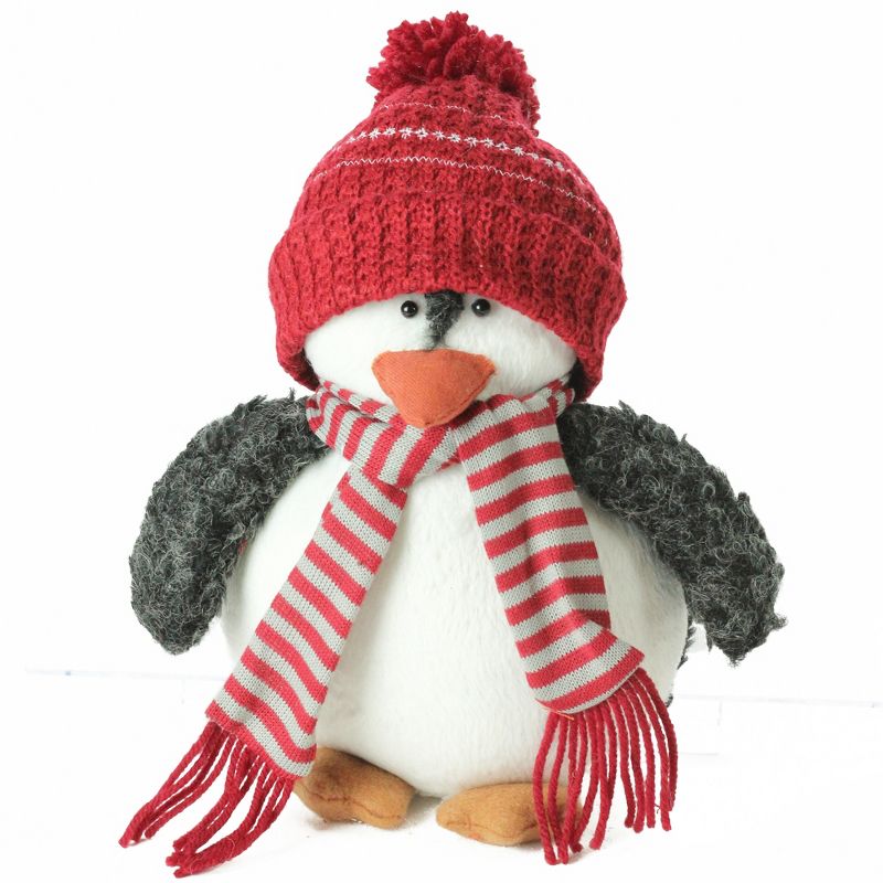 Northlight 9" White Plush Penguin with Striped Scarf and Knit Beanie Hat Christmas Figurine, 1 of 2