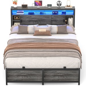 Aheaplus Bookcase Bed With Storage Slide Bedside Shelf and Charging Station & LED Light - 1 of 4