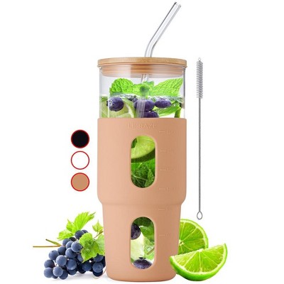 32 Oz Glass Tumbler with Handle, Clear Tumbler with Lid, Straw & Straw  Brush, 32 oz Cup with Lid for Hot & Cold Drinks, Reusable Smoothie & Iced  Coffee Cup, 32 oz