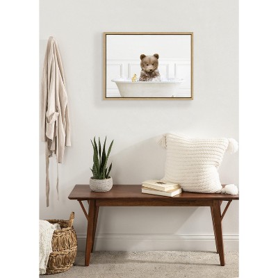Bear Cub in Bubble Bath Framed Canvas Art, 18x24 Natural
