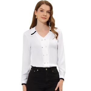 INSPIRE CHIC Women's Elegant Contrast Trim V Neck Double Breasted Long Sleeve Work Shirt - 1 of 4