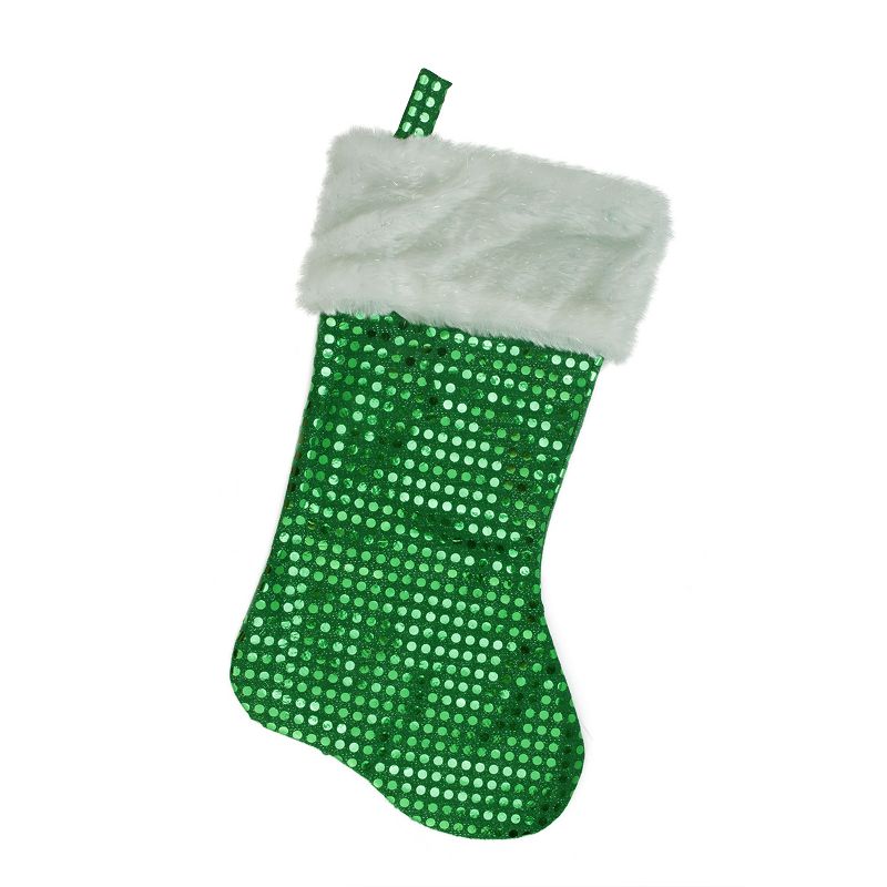 Northlight 18" Green and White Faux-Fur Cuffed Disco Sequined Christmas Stocking, 1 of 3