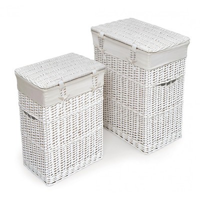 White Wicker Upright Hamper Set with Fabric Liners