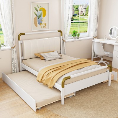 Queen Size Storage Platform Bed with 2 Big Drawers, T-XL Size Trundle and PU Upholstered Backrest, White/Walnut-ModernLuxe