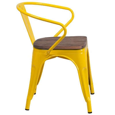 Luna Bistro Yellow Metal Arm Chair with Wood Accents