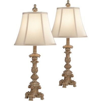 Regency Hill Shabby Chic White Washed Candlestick Table Lamps Set of 2 Bell Shade for Living Room Family Bedroom Nightstand Office