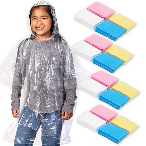 Blue Panda 20-Pack Disposable Rain Ponchos for Kids - Emergency Raincoats with Hood for Boys and Girls (4 Colors, Clear) - 1 of 4