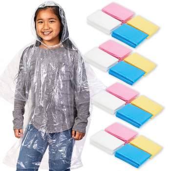 Blue Panda Juvale 20-Pack Disposable Rain Ponchos for Kids - Emergency Raincoats with Hood for Boys and Girls (4 Colors, Clear)