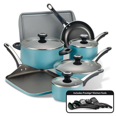 Farberware High Performance 17pc Aluminum Nonstick Cookware Set with Prestige Tools Aqua