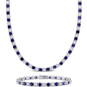 EVERLY JEWELRY | Sterling Silver 47 1/4 CT TGW Created Blue and White Sapphire Tennis Bracelet and Necklace Set - 1 of 4