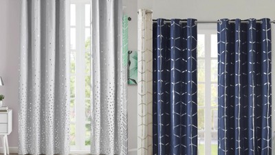 Navy Metallic Print Blackout Grommet Curtain Panel, 50x63