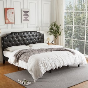 King Bed Frame,PU Leather Upholstered Platform with Tufted Headboard, Diamond Buckle&Copper Rivet Decor,Strong Wooden Slats Support,Under Bed Storage - 1 of 4