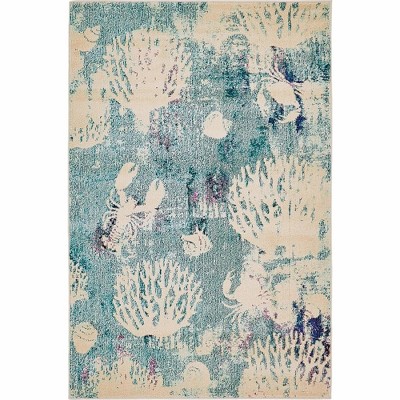 Light Blue and Beige Rectangular Synthetic Area Rug 4' x 6'